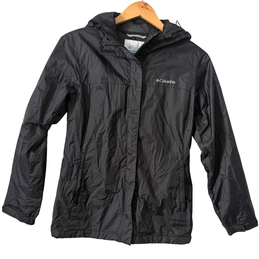 Columbia Women Sz Sm Black Hooded Rain Jacket Mesh Lined Windbreaker Lightweight